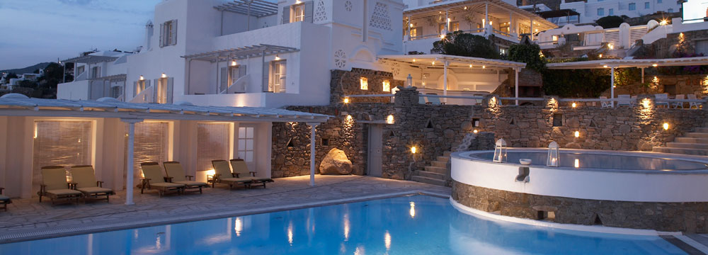 Porto Mykonos swimming pool evening view
